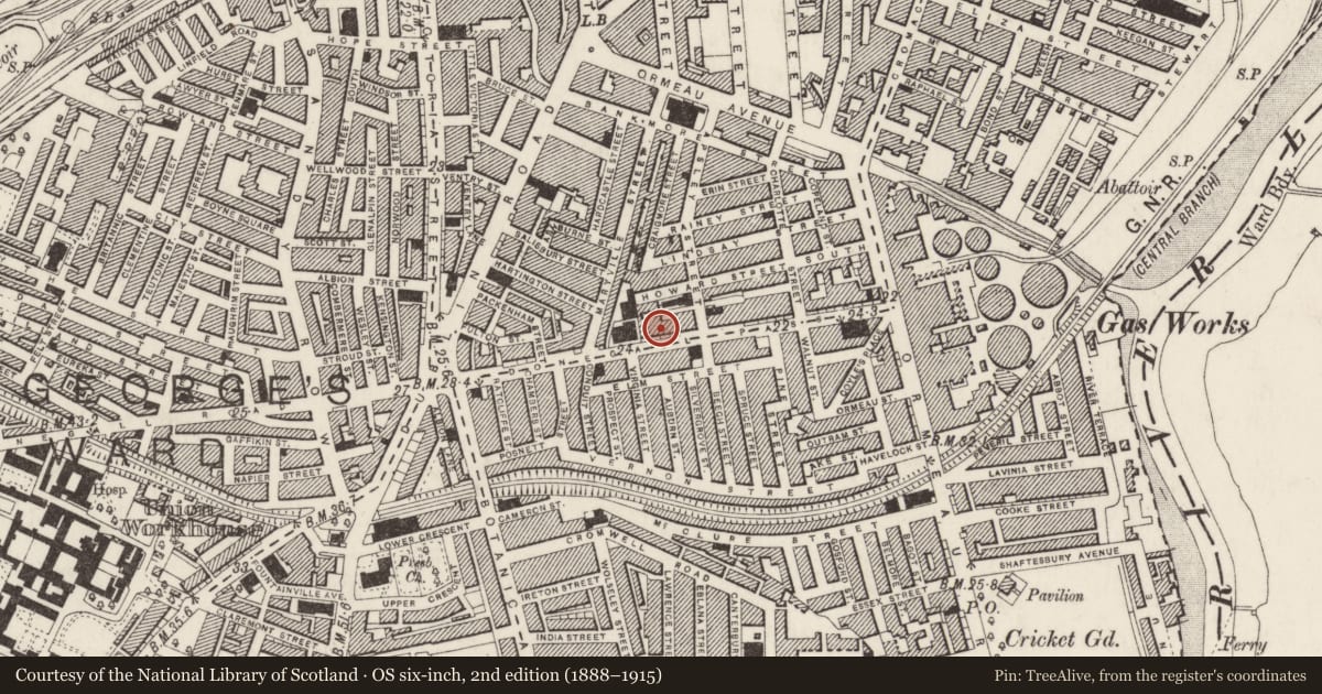 Ordnance Survey six-inch map, 2nd edition (1888–1915) covering the location of 64 Donegall Pass, Malone Lower, Belfast, with a pin at the register's coordinates