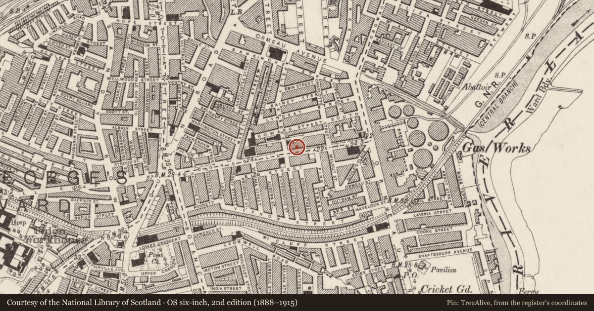 Ordnance Survey six-inch map, 2nd edition (1888–1915) covering the location of 80-96 Donegall Pass, Belfast, with a pin at the register's coordinates