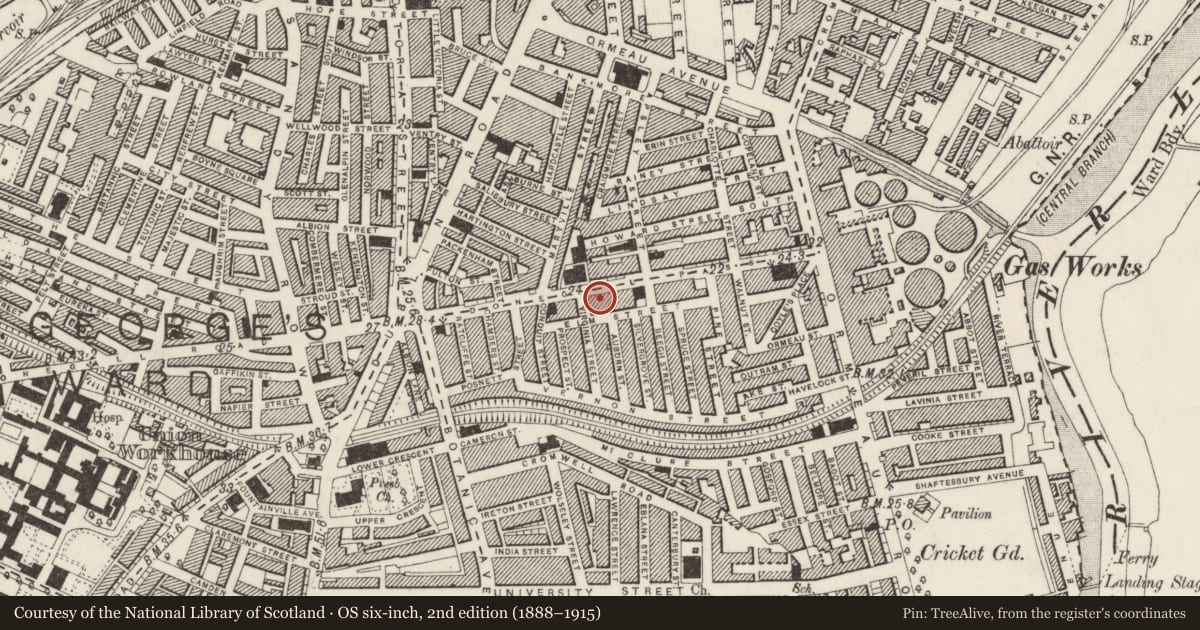 Ordnance Survey six-inch map, 2nd edition (1888–1915) covering the location of 77-89 Donegall Pass, Belfast, with a pin at the register's coordinates