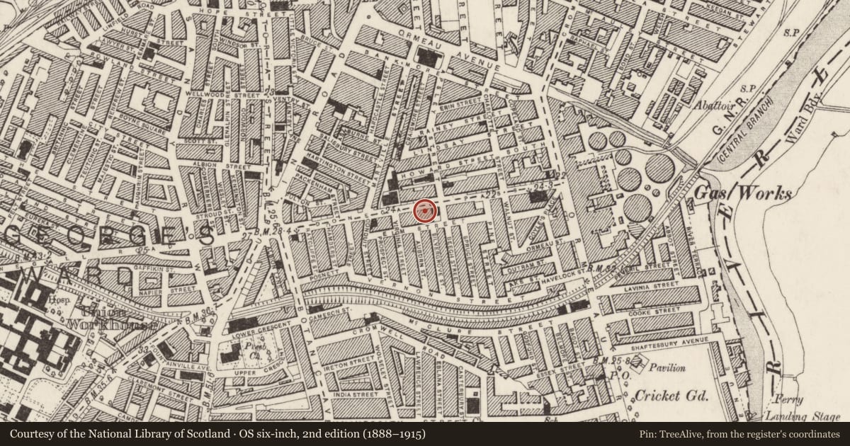 Ordnance Survey six-inch map, 2nd edition (1888–1915) covering the location of 91-97 Donegall Pass, Belfast, with a pin at the register's coordinates