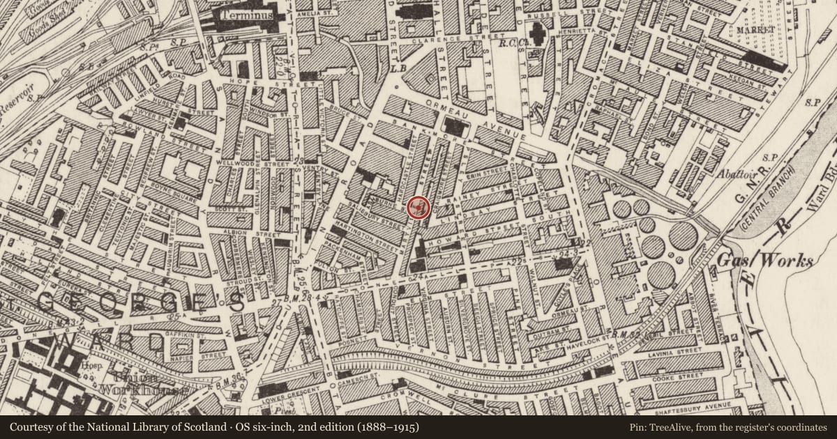 Ordnance Survey six-inch map, 2nd edition (1888–1915) covering the location of 5-88 Maryville Street, Belfast, with a pin at the register's coordinates
