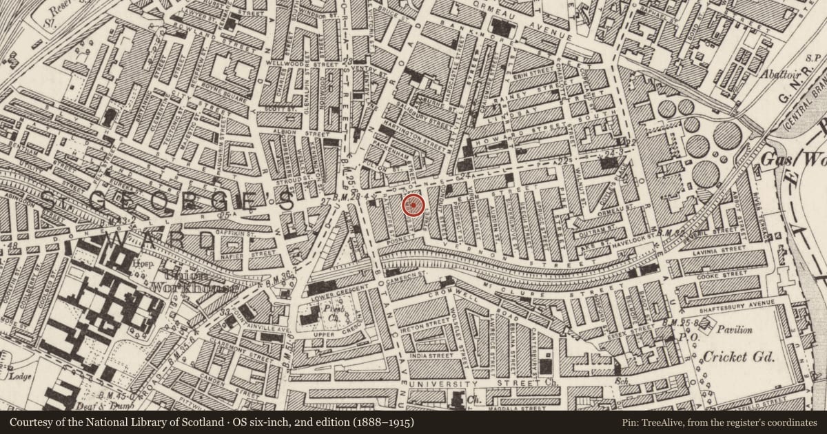 Ordnance Survey six-inch map, 2nd edition (1888–1915) covering the location of 2-18 Chambers Street, Belfast, with a pin at the register's coordinates