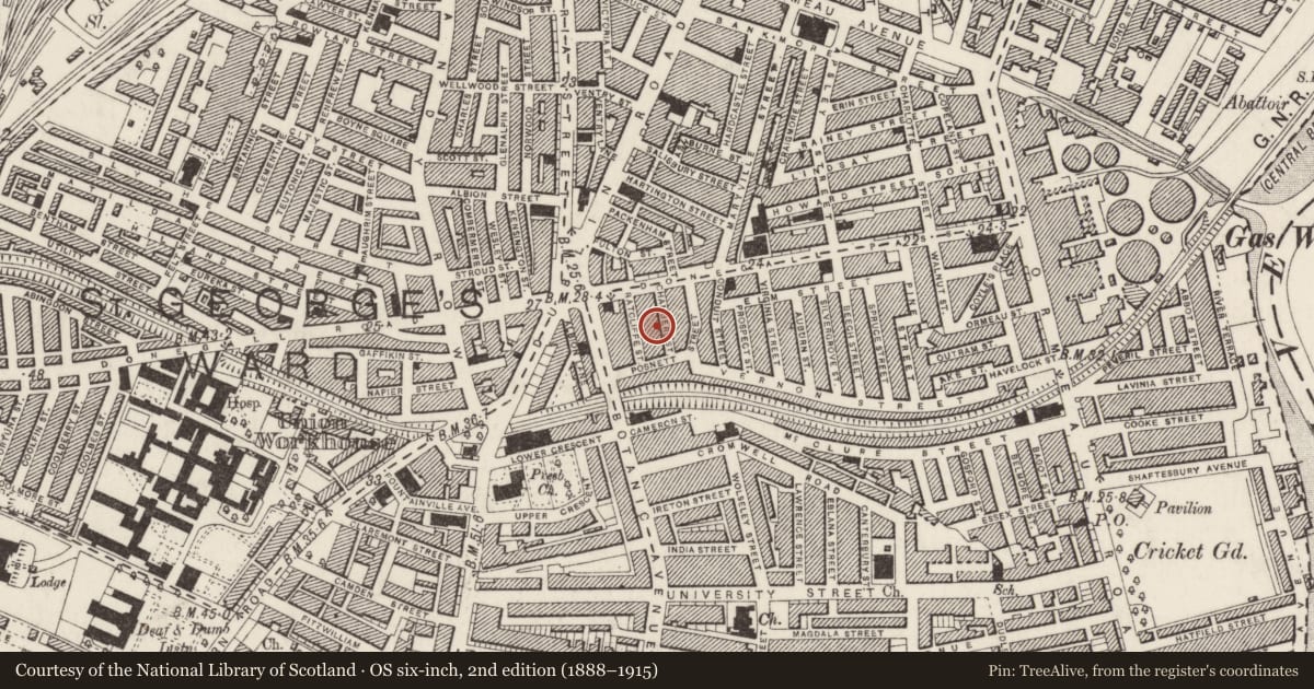 Ordnance Survey six-inch map, 2nd edition (1888–1915) covering the location of 7-21 Chambers Street, Belfast, with a pin at the register's coordinates
