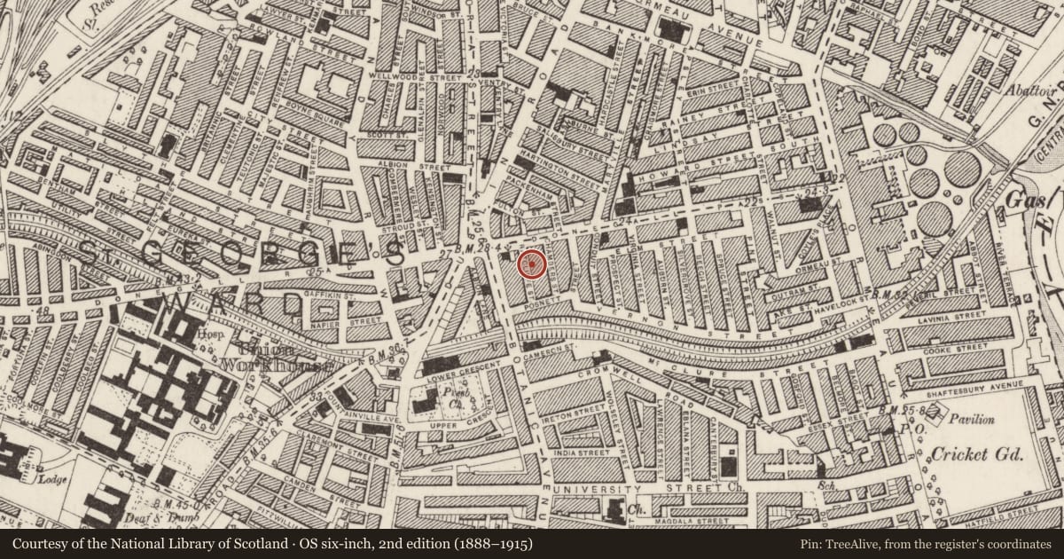 Ordnance Survey six-inch map, 2nd edition (1888–1915) covering the location of 2-20 Ratcliffe Street, Belfast, with a pin at the register's coordinates