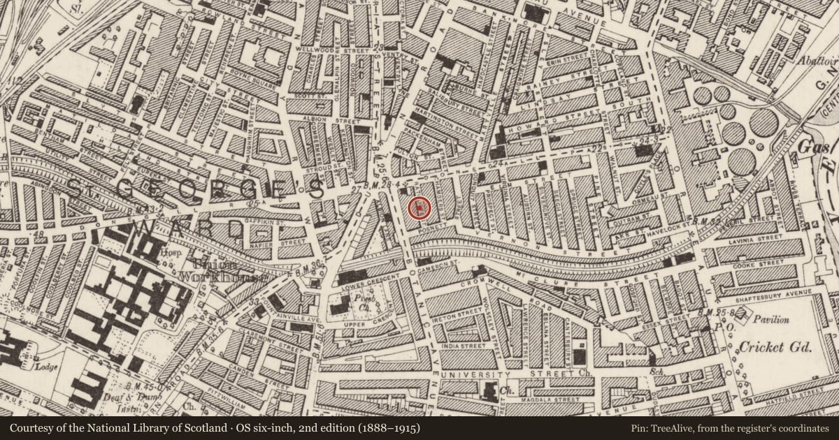 Ordnance Survey six-inch map, 2nd edition (1888–1915) covering the location of 7-21 Ratcliffe Street, Belfast, with a pin at the register's coordinates
