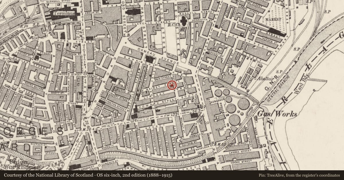 Ordnance Survey six-inch map, 2nd edition (1888–1915) covering the location of Hall, Belfast, with a pin at the register's coordinates