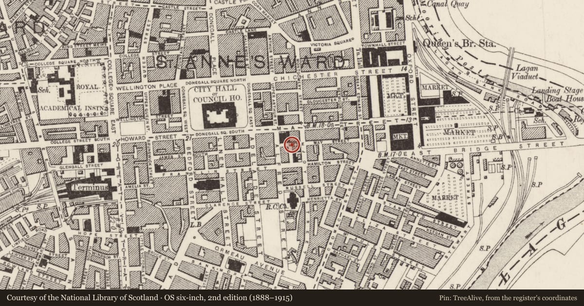 Ordnance Survey six-inch map, 2nd edition (1888–1915) covering the location of 38-42 Little May Street, Belfast, with a pin at the register's coordinates