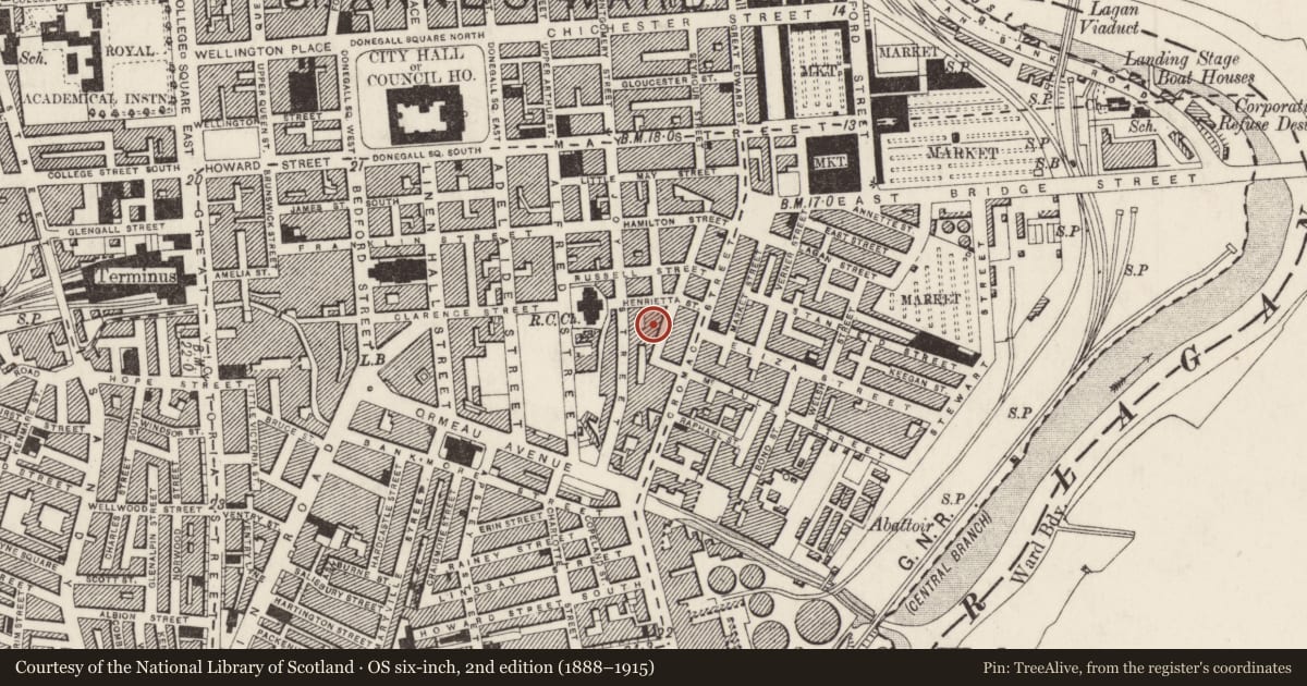 Ordnance Survey six-inch map, 2nd edition (1888–1915) covering the location of 3-23 Catherine Street, Belfast, with a pin at the register's coordinates