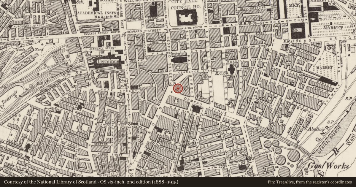 Ordnance Survey six-inch map, 2nd edition (1888–1915) covering the location of BBC Broadcasting House, Town Parks, Belfast, with a pin at the register's coordinates