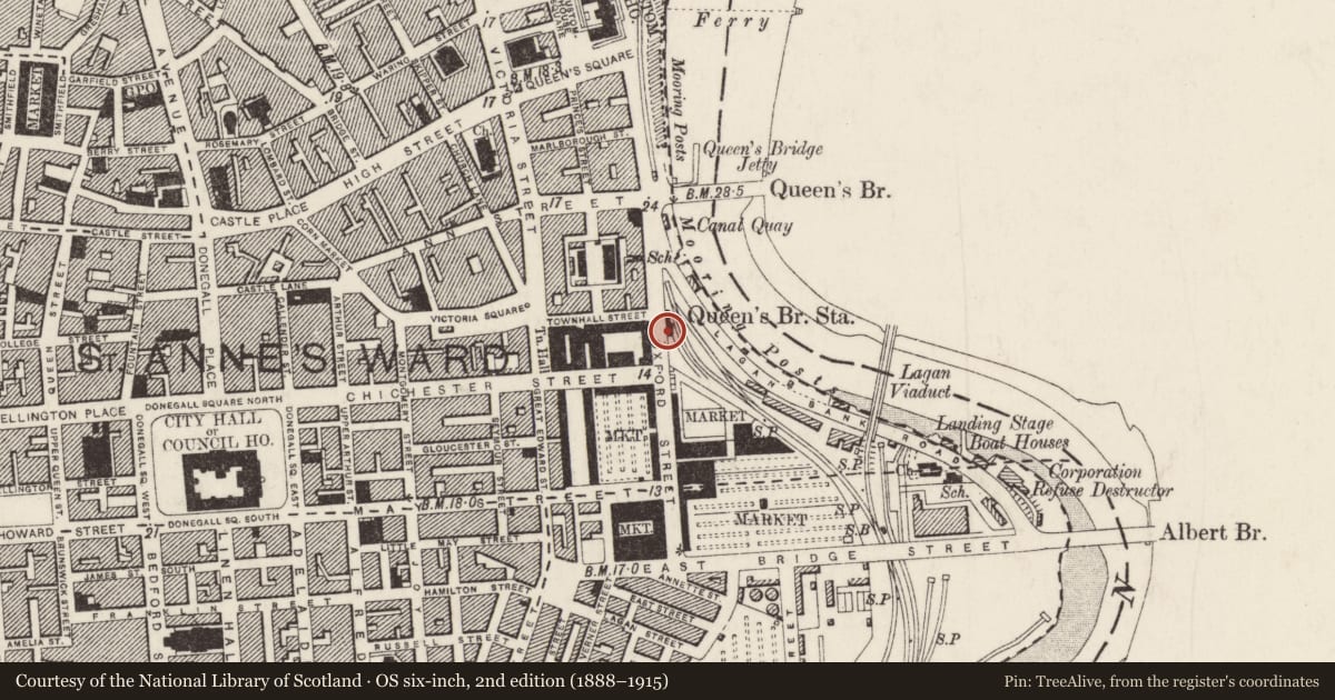 Ordnance Survey six-inch map, 2nd edition (1888–1915) covering the location of Demolished Bus Station, Belfast, with a pin at the register's coordinates