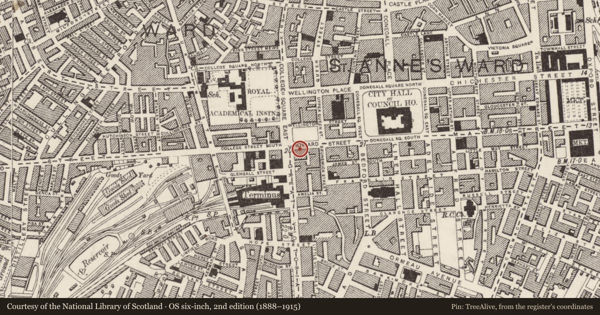 Ordnance Survey six-inch map, 2nd edition (1888–1915) covering the location of 52-58 Howard Street, Town Parks, Belfast, with a pin at the register's coordinates