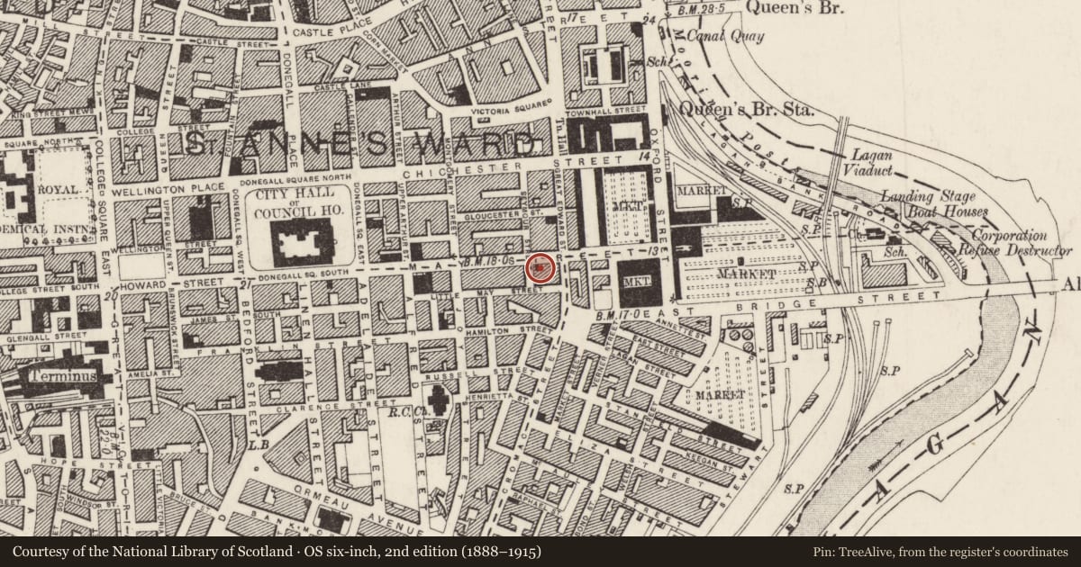 Ordnance Survey six-inch map, 2nd edition (1888–1915) covering the location of Telephone House, Town Parks, Belfast, with a pin at the register's coordinates