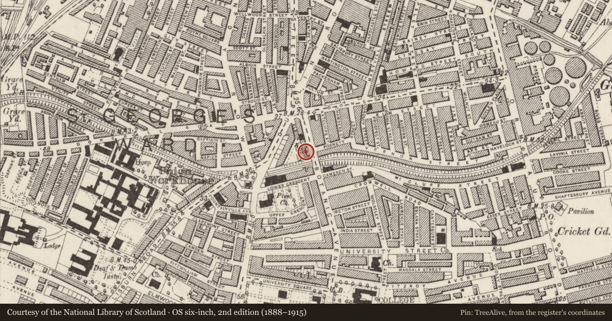 Ordnance Survey six-inch map, 2nd edition (1888–1915) covering the location of Arts Theatre, Belfast, with a pin at the register's coordinates
