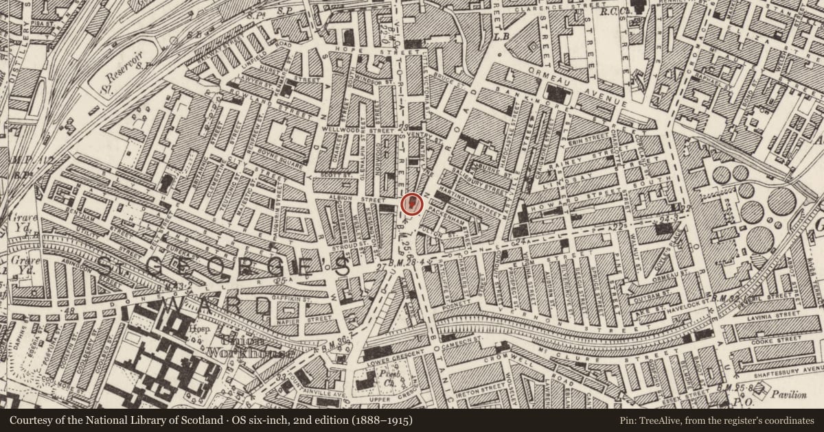 Ordnance Survey six-inch map, 2nd edition (1888–1915) covering the location of Ulster Bank, Belfast, with a pin at the register's coordinates