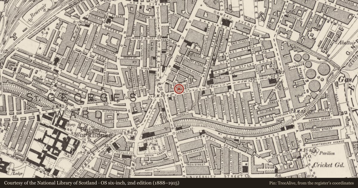 Ordnance Survey six-inch map, 2nd edition (1888–1915) covering the location of 18 Donegall Pass, Malone Lower, Belfast, with a pin at the register's coordinates
