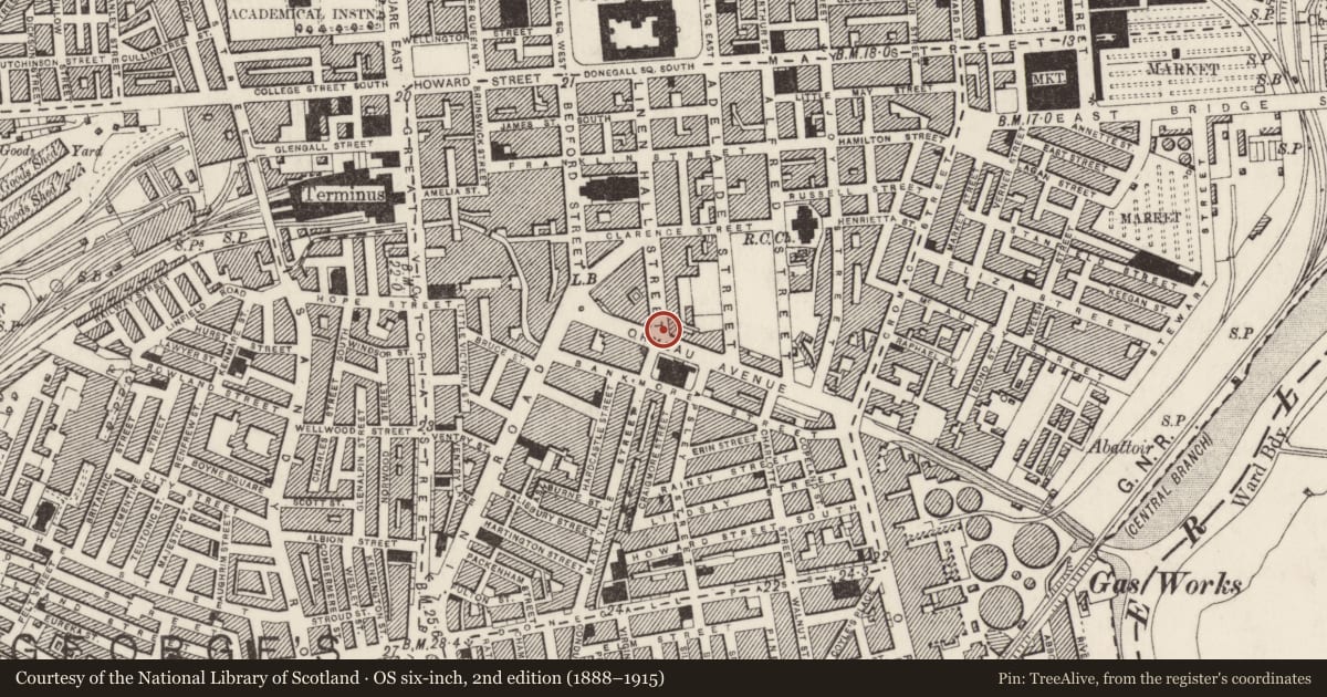 Ordnance Survey six-inch map, 2nd edition (1888–1915) covering the location of Electrical service/section pillar at south end of Linenhall Street, Belfast, BT2 8BA, Malone Lower, Belfast, with a pin at the register's coordinates