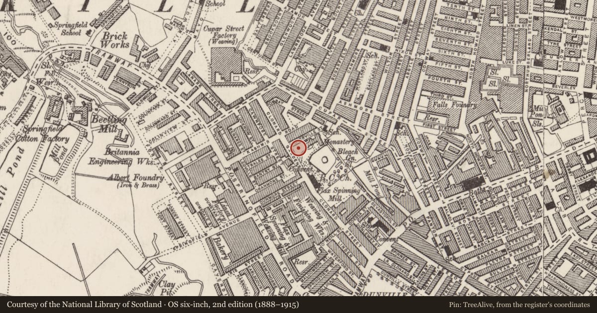 Ordnance Survey six-inch map, 2nd edition (1888–1915) covering the location of Clonard Church, Edenderry, Belfast, with a pin at the register's coordinates