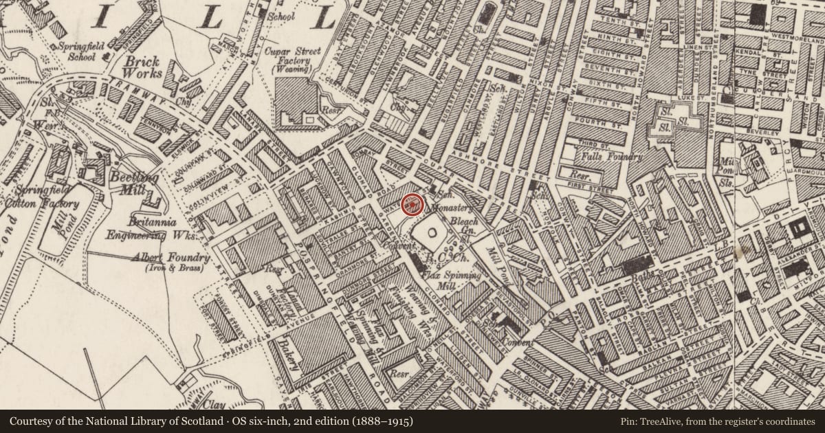 Ordnance Survey six-inch map, 2nd edition (1888–1915) covering the location of Clonard Monastery, Edenderry, Belfast, with a pin at the register's coordinates
