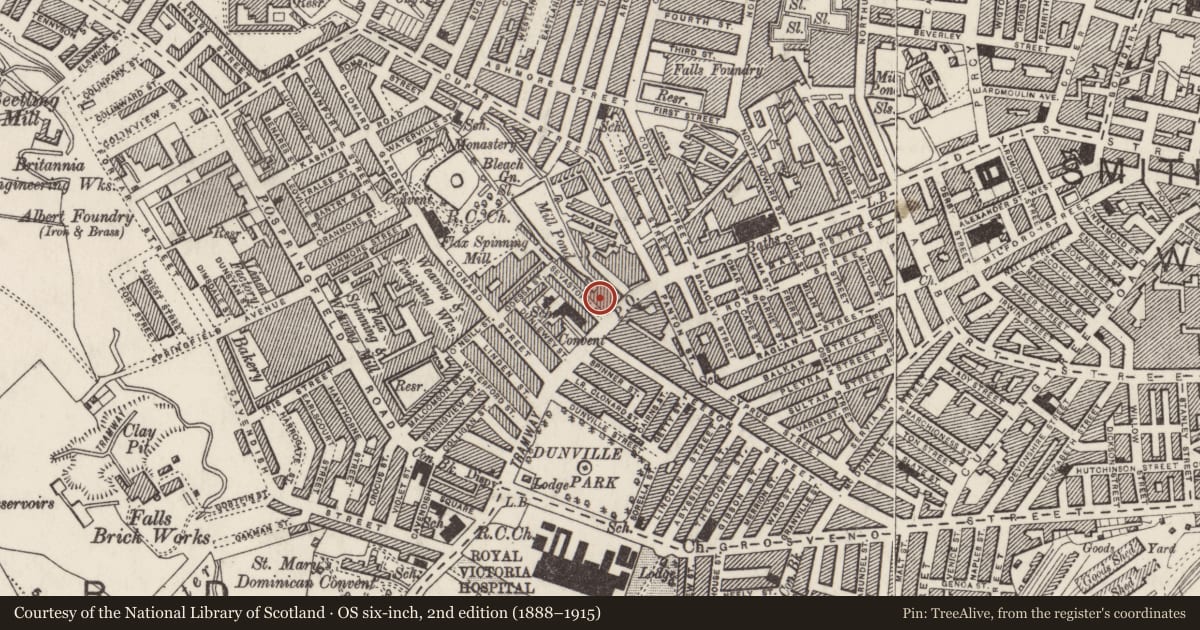 Ordnance Survey six-inch map, 2nd edition (1888–1915) covering the location of Carnegie Library, Edenderry, Belfast, with a pin at the register's coordinates