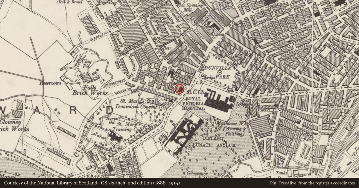 Ordnance Survey six-inch map, 2nd edition (1888–1915) covering the location of St. Paul's Church, Edenderry, Belfast, with a pin at the register's coordinates