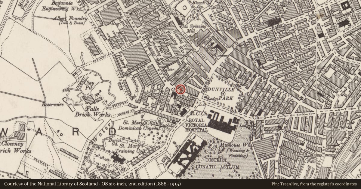 Ordnance Survey six-inch map, 2nd edition (1888–1915) covering the location of Fort Bar, Edenderry, Belfast, with a pin at the register's coordinates