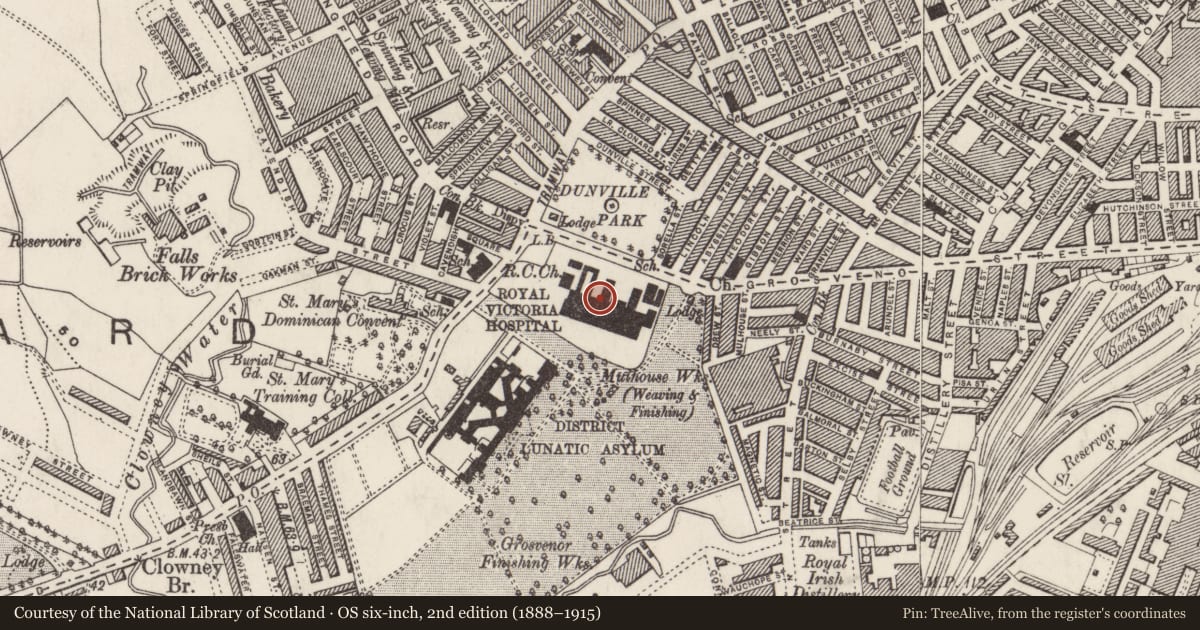 Ordnance Survey six-inch map, 2nd edition (1888–1915) covering the location of Front of Original Hospital, Town Parks, Belfast, with a pin at the register's coordinates
