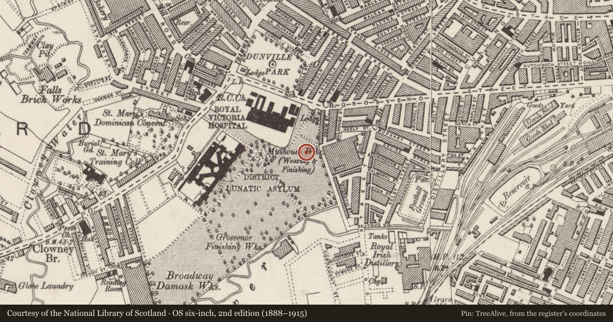 Ordnance Survey six-inch map, 2nd edition (1888–1915) covering the location of Microbiology Building, Town Parks, Belfast, with a pin at the register's coordinates