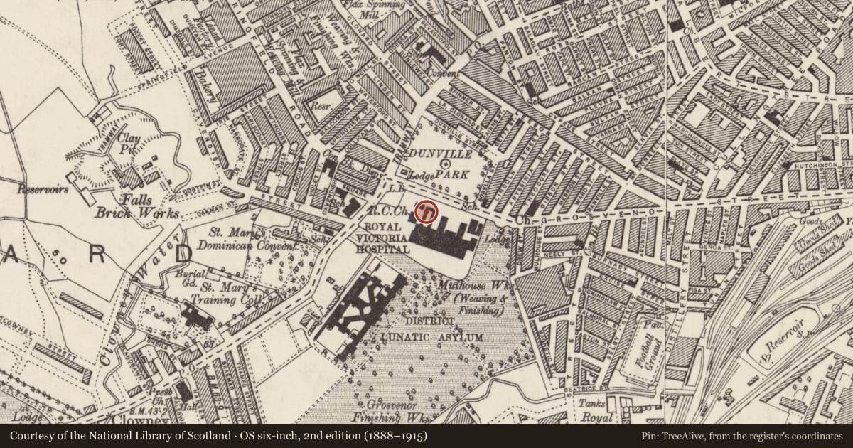 Ordnance Survey six-inch map, 2nd edition (1888–1915) covering the location of (Former Extern Waiting Hall), Royal Victoria Hospital, Grosvenor Road, Belfast, Co Antrim BT12 6BA, Town Parks, Belfast, with a pin at the register's coordinates