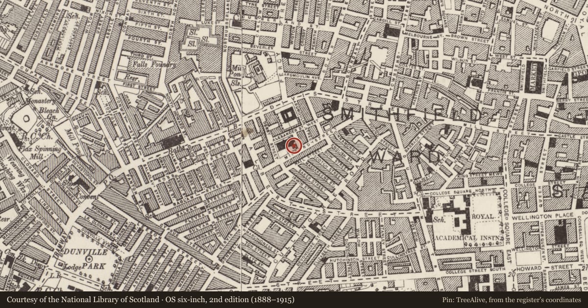 Ordnance Survey six-inch map, 2nd edition (1888–1915) covering the location of Parochial House, Town Parks, Belfast, with a pin at the register's coordinates