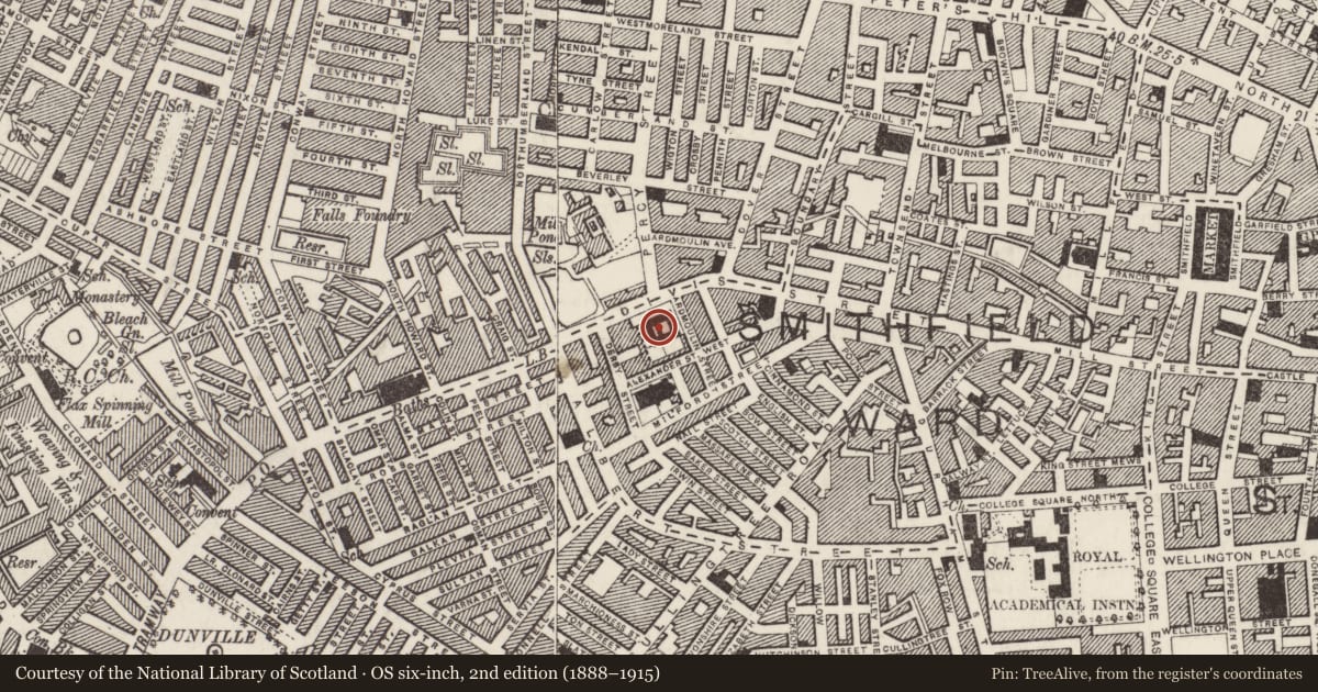 Ordnance Survey six-inch map, 2nd edition (1888–1915) covering the location of St Comgall's Primary School, Belfast Town Parks, Belfast, with a pin at the register's coordinates