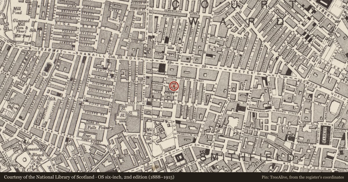 Ordnance Survey six-inch map, 2nd edition (1888–1915) covering the location of Church Hall, Belfast, with a pin at the register's coordinates