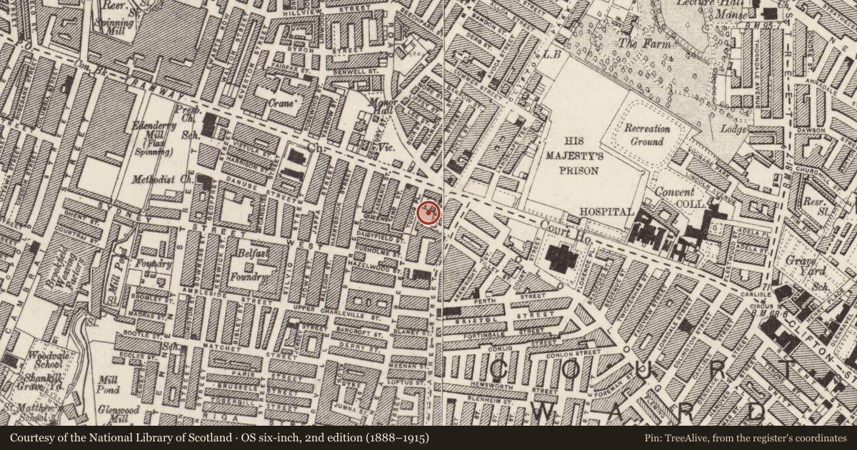 Ordnance Survey six-inch map, 2nd edition (1888–1915) covering the location of Tudor Lodge Nursery School, Belfast, with a pin at the register's coordinates