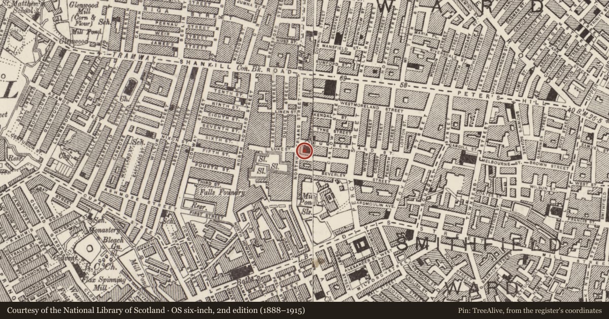 Ordnance Survey six-inch map, 2nd edition (1888–1915) covering the location of St Luke’s Church of Ireland, Belfast, with a pin at the register's coordinates