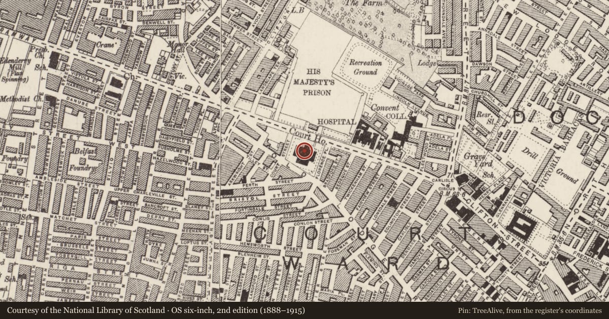 Ordnance Survey six-inch map, 2nd edition (1888–1915) covering the location of The Court-House, None, Belfast, with a pin at the register's coordinates