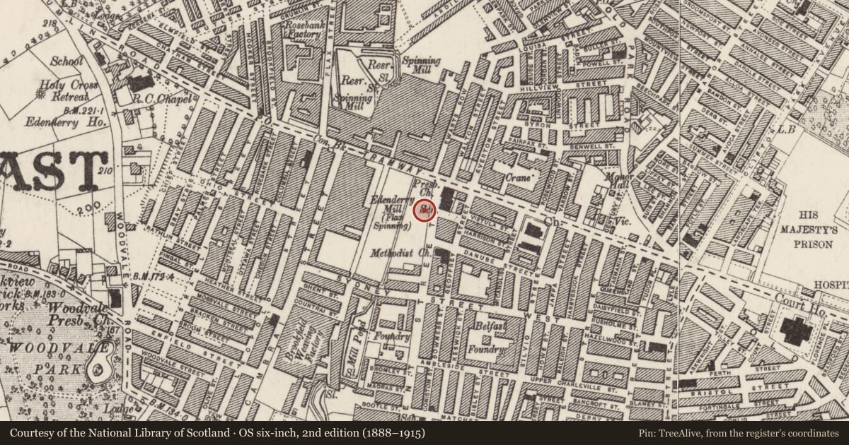 Ordnance Survey six-inch map, 2nd edition (1888–1915) covering the location of 276 Tennent Street, Town Parks, Belfast, with a pin at the register's coordinates
