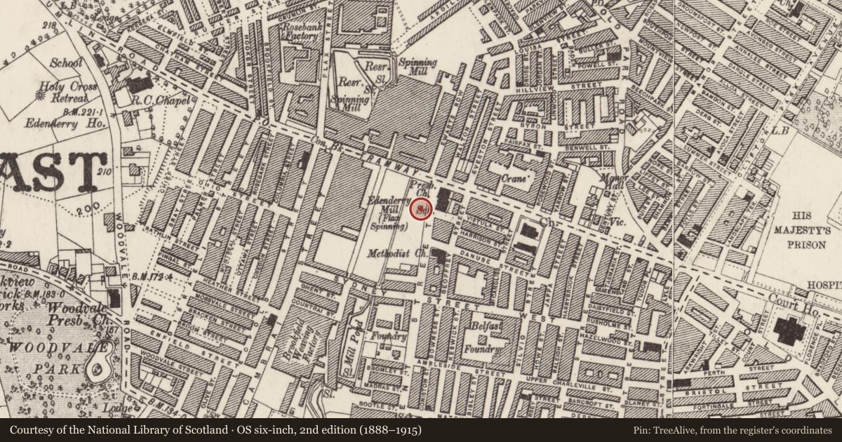 Ordnance Survey six-inch map, 2nd edition (1888–1915) covering the location of 278 Tennent Street, Town Parks, Belfast, with a pin at the register's coordinates