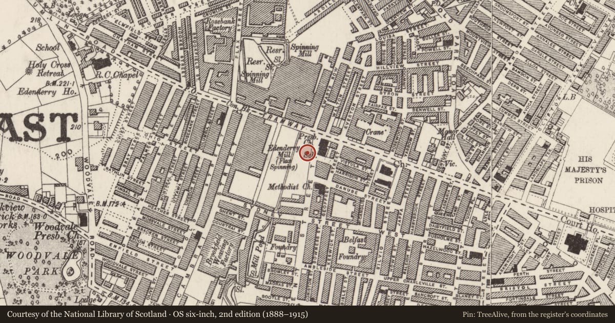 Ordnance Survey six-inch map, 2nd edition (1888–1915) covering the location of 280 Tennent Street, Town Parks, Belfast, with a pin at the register's coordinates