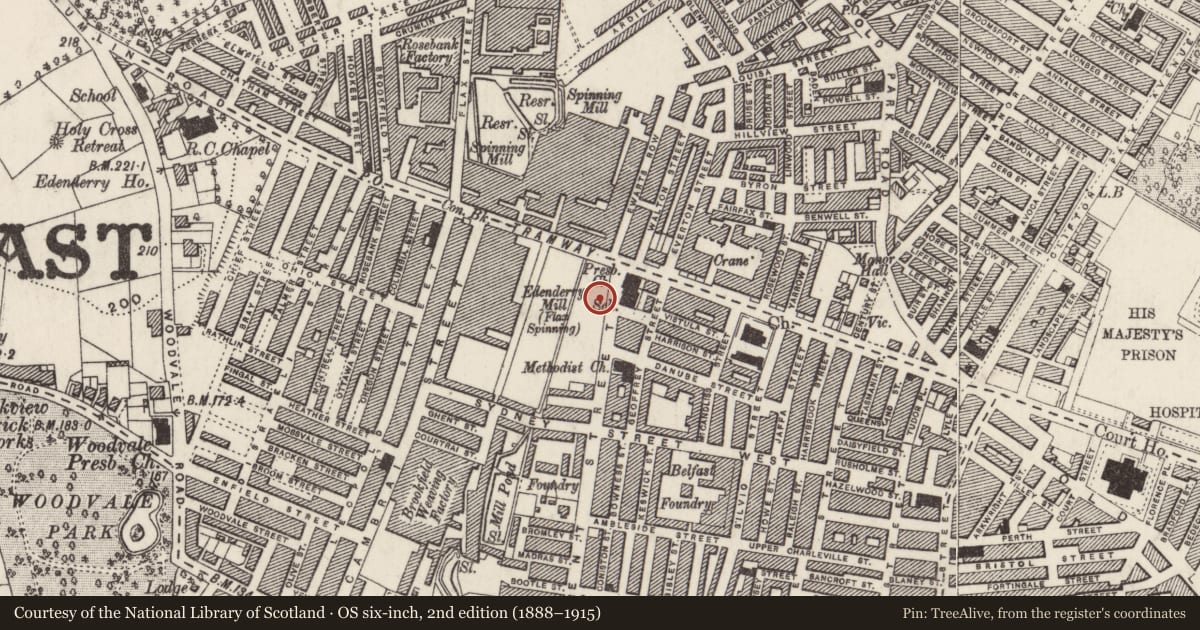 Ordnance Survey six-inch map, 2nd edition (1888–1915) covering the location of 282 Tennent Street, Town Parks, Belfast, with a pin at the register's coordinates