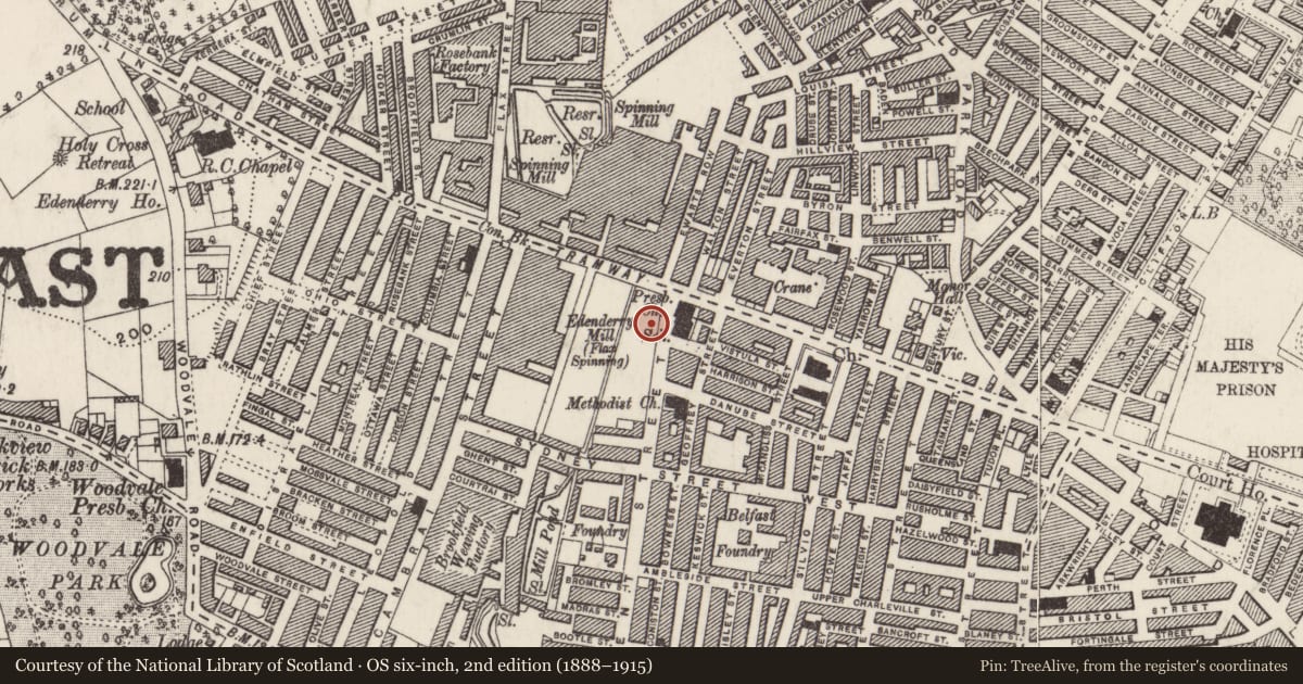 Ordnance Survey six-inch map, 2nd edition (1888–1915) covering the location of 284 Tennent Street, Town Parks, Belfast, with a pin at the register's coordinates