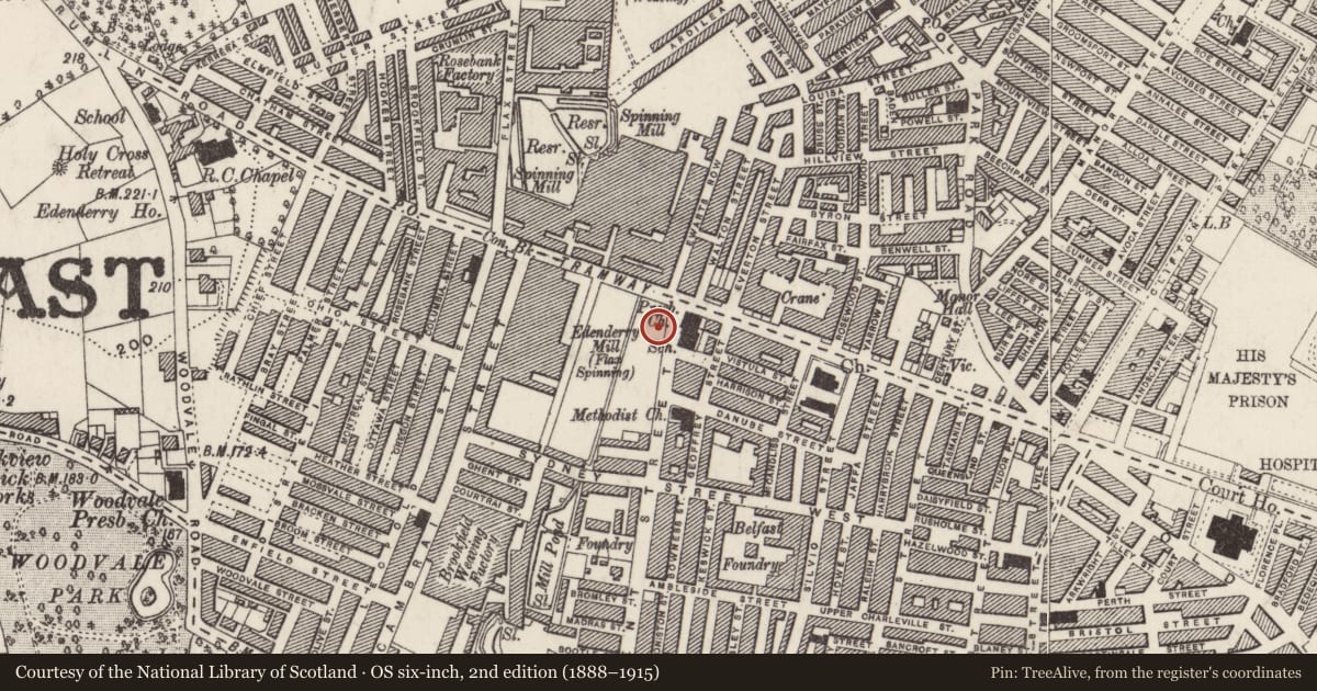 Ordnance Survey six-inch map, 2nd edition (1888–1915) covering the location of 288 Tennent Street, Town Parks, Belfast, with a pin at the register's coordinates