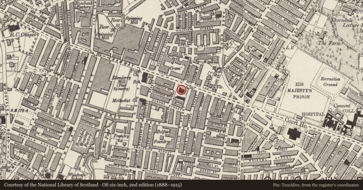 Ordnance Survey six-inch map, 2nd edition (1888–1915) covering the location of St Mary's Church of Ireland, Town Parks, Belfast, with a pin at the register's coordinates