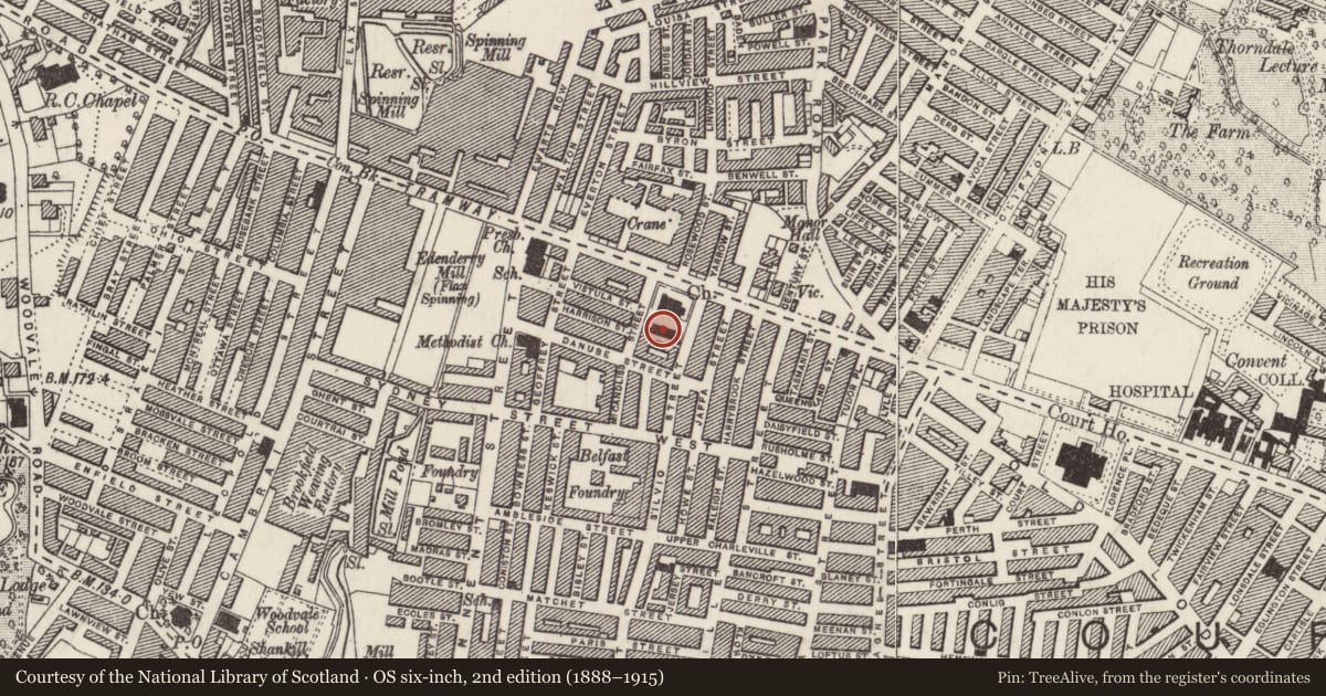 Ordnance Survey six-inch map, 2nd edition (1888–1915) covering the location of St Mary's Church of Ireland School, Town Parks, Belfast, with a pin at the register's coordinates