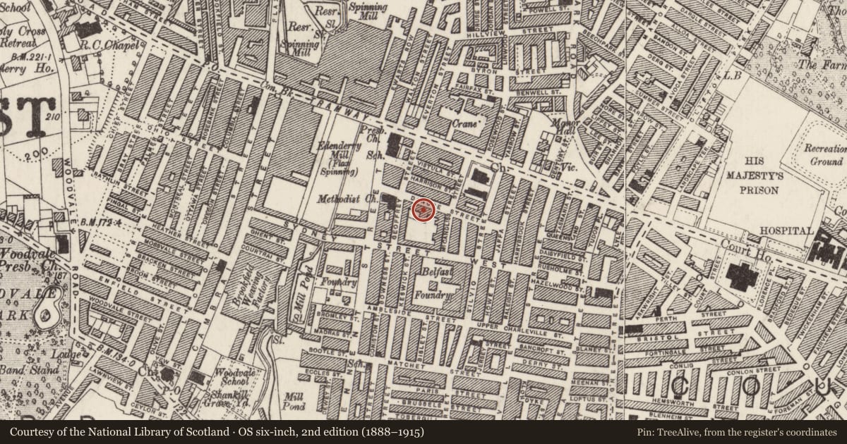 Ordnance Survey six-inch map, 2nd edition (1888–1915) covering the location of North Belfast Working Men's Club, Town Parks, Belfast, with a pin at the register's coordinates