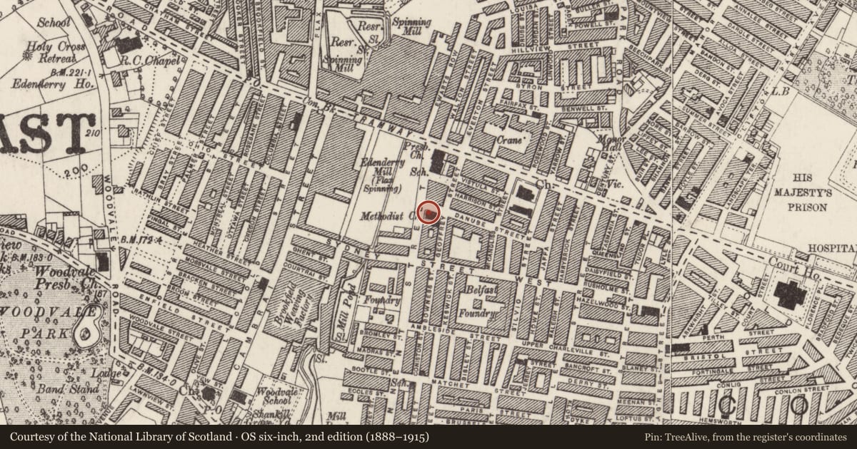 Ordnance Survey six-inch map, 2nd edition (1888–1915) covering the location of Crumlin Road Methodist Church, Belfast, with a pin at the register's coordinates