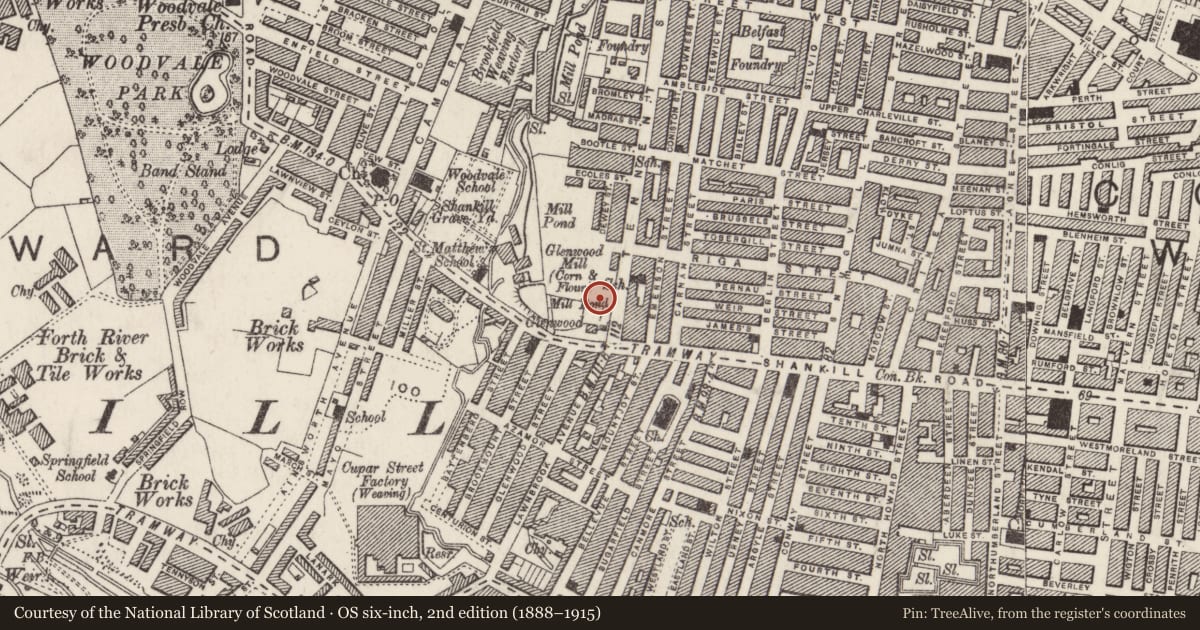 Ordnance Survey six-inch map, 2nd edition (1888–1915) covering the location of Shankill Baptist Church, Edenderry, Belfast, with a pin at the register's coordinates