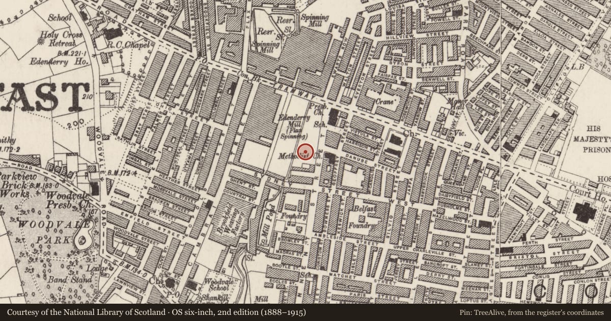 Ordnance Survey six-inch map, 2nd edition (1888–1915) covering the location of Edenbrooke Primary School, Town Parks, Belfast, with a pin at the register's coordinates