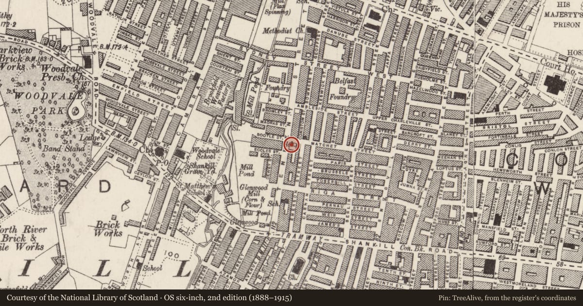 Ordnance Survey six-inch map, 2nd edition (1888–1915) covering the location of John White Memorial Congregational Church, Town Parks, Belfast, with a pin at the register's coordinates