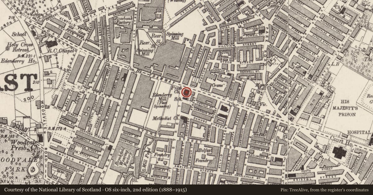 Ordnance Survey six-inch map, 2nd edition (1888–1915) covering the location of Crumlin Road Presbyterian Church, Town Parks, Belfast, with a pin at the register's coordinates