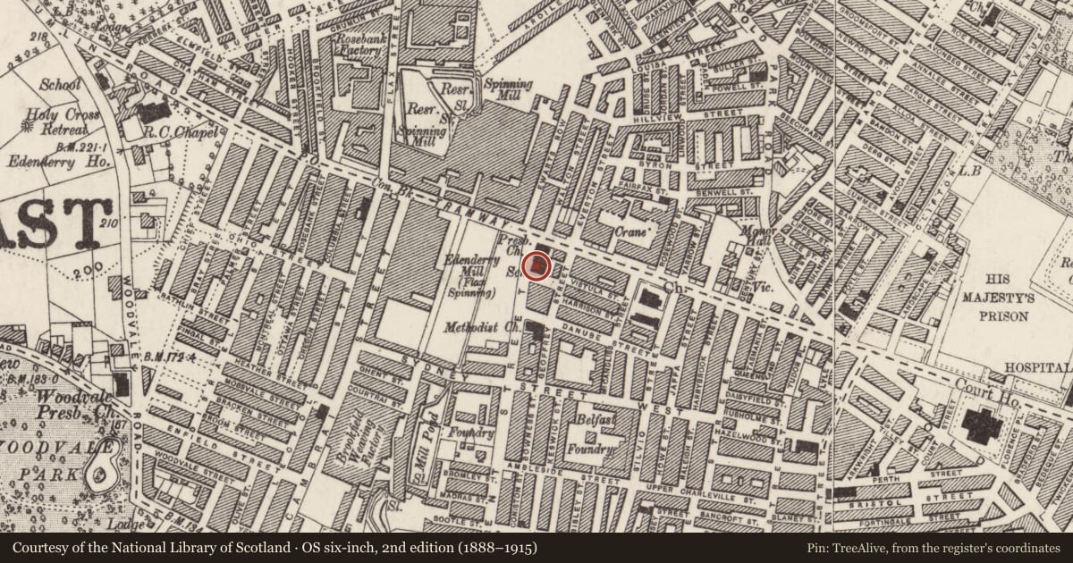 Ordnance Survey six-inch map, 2nd edition (1888–1915) covering the location of Crumlin Road Presbyterian Church, Town Parks, Belfast, with a pin at the register's coordinates