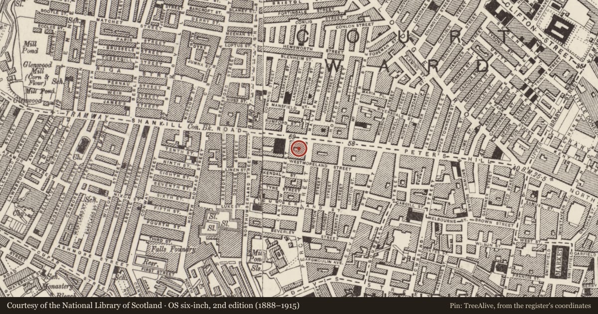 Ordnance Survey six-inch map, 2nd edition (1888–1915) covering the location of Shankill Leisure Centre, Belfast, with a pin at the register's coordinates